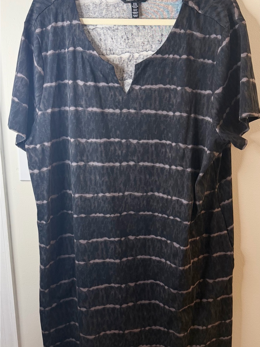 Ellen Tracy XXL Black Gray Tie Dye Striped T-Shirt Dress Short Sleeve